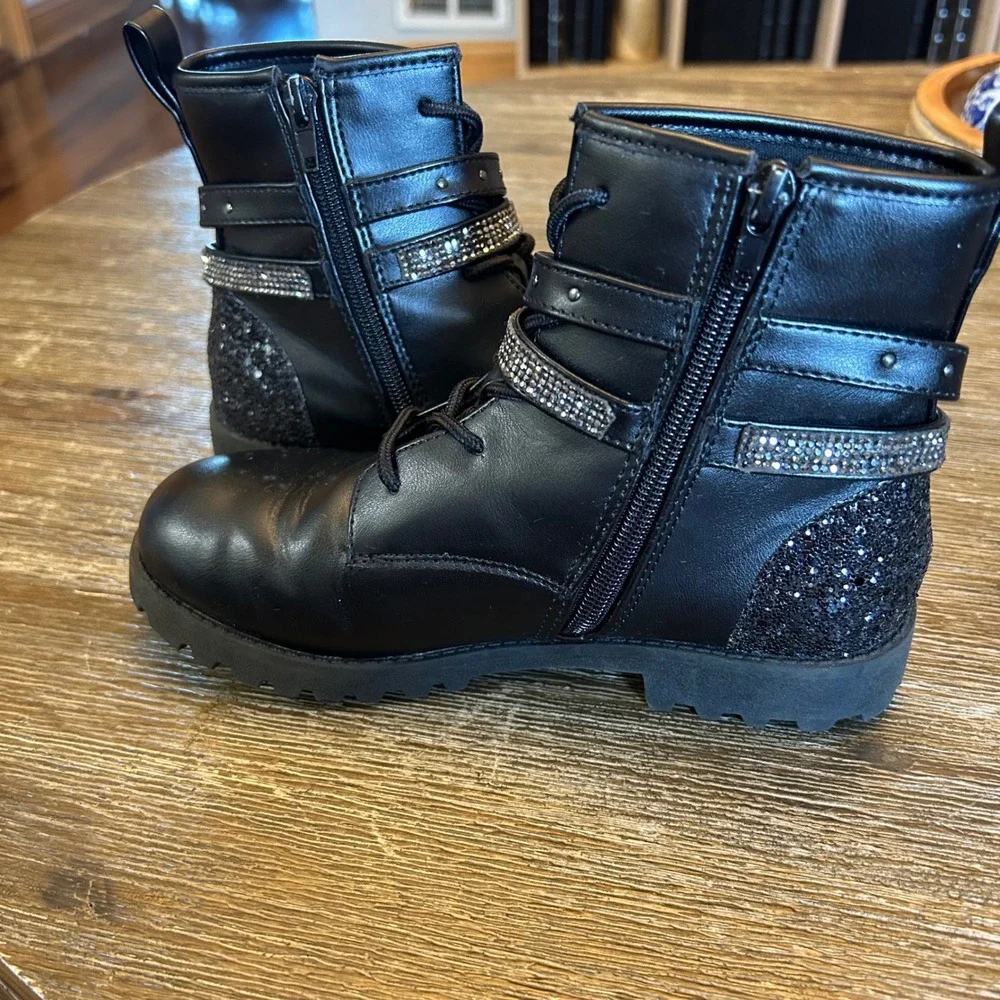 Mix No. 6 Combat Boots Kids 3 Black Excellent Rhinestone Glitter Lug‎ Sole Zip